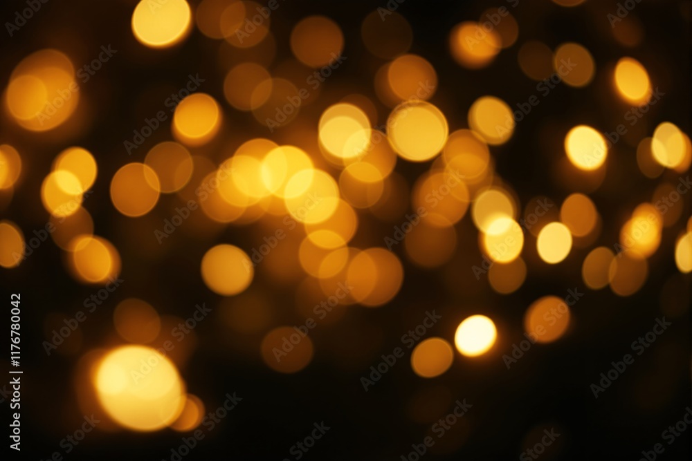 Poster blurred golden bokeh lights scattered on a dark background, creating a warm and glowing atmosphere. 