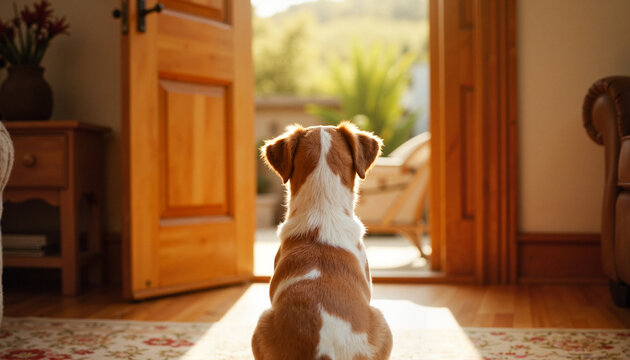Patient dog waiting by open door in cozy living room, peaceful ambiance