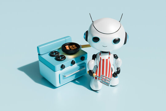 AI generated robot cooking food in front of blue background