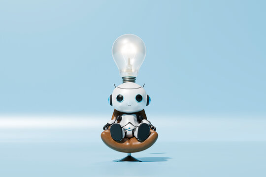 AI generated robot sitting on chair with bulb in front of blue background