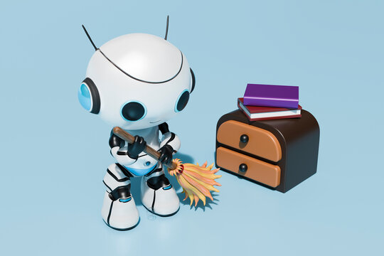 AI generated robot cleaning with broom in front of blue background
