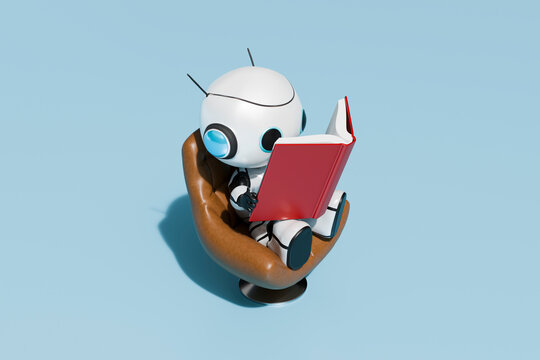 AI generated robot reading book in front of blue background
