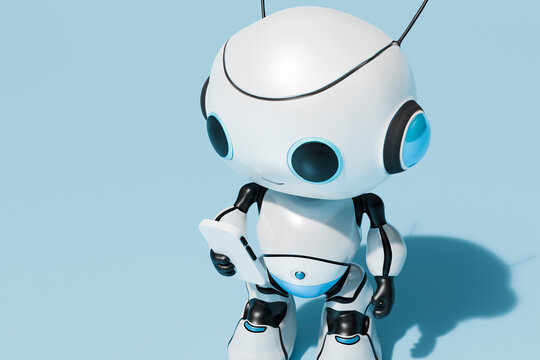 AI generated robot using smart phone in front of blue background