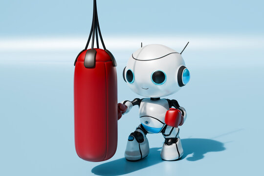 Robot practicing boxing in front of blue background