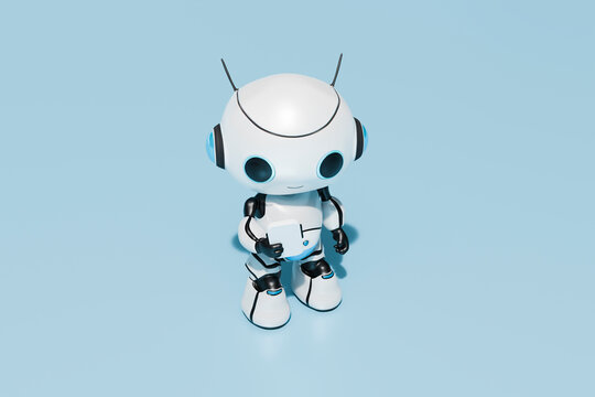 Robot using smart phone in front of blue background