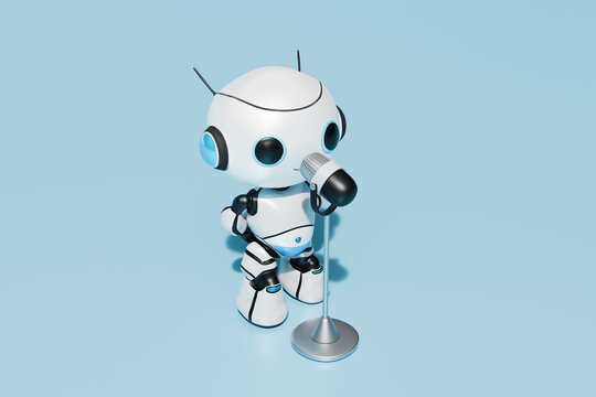 Robot speaking on mic in front of blue background