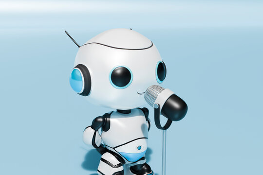 AI generated robot speaking on mic in front of blue background