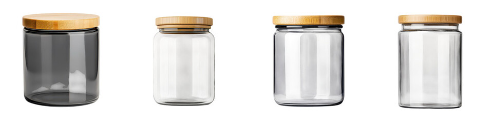 Assorted clear glass jars with natural wooden lids perfect for storing and organizing spices teas coffee sugar and other dry goods in the kitchen or pantry