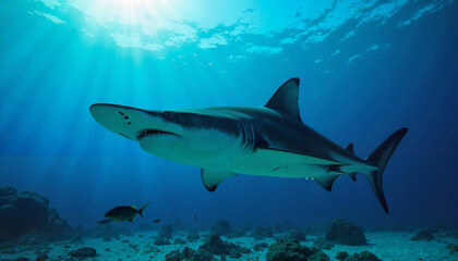 Obraz premium Powerful hammerhead shark gliding underwater, marine majesty