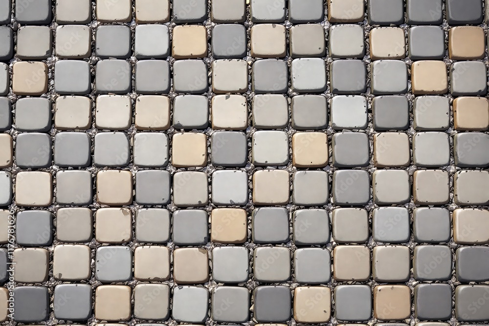 Poster square ceramic tiles in shades of gray and beige arranged in a grid pattern on a rough surface backg