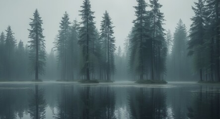 Tranquil Reflection of Evergreen Trees in Dark Pond Water Surface