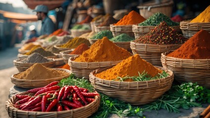 A variety of spices are displayed in wicker baskets at a market