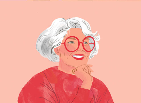 Illustration of a smiling elderly lady with gray hair and red glasses