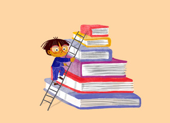 Illustration of a student climbing a ladder on a stack of books