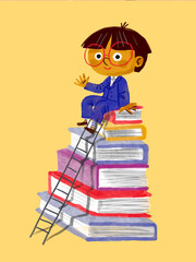Illustration of a student sitting on a stack of books with a ladder