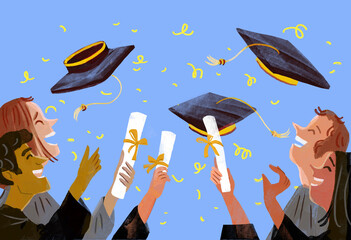 Illustration of students celebrating graduation with diplomas and hats in the air
