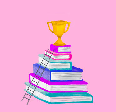 Illustration of a golden trophy on top of a stack of books with a ladder on a pink background symbolizing academic success.