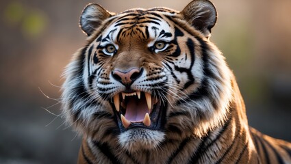 A close up of a tiger yawning with its mouth open