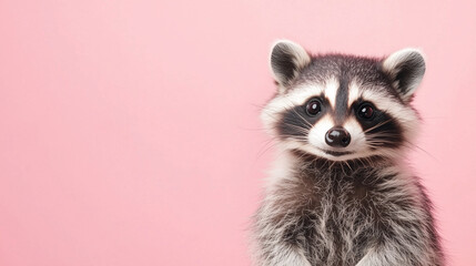 Cute raccoon on pink background looking playful with fluffy fur, copy spase