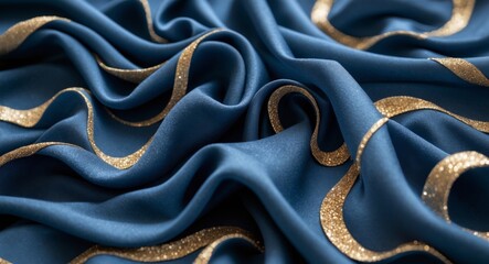 Richly Textured Fabric Waves in Midnight Blue and Glittering Gold Accents
