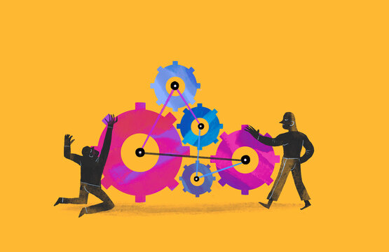 Illustration of people working together to set up a gear mechanism