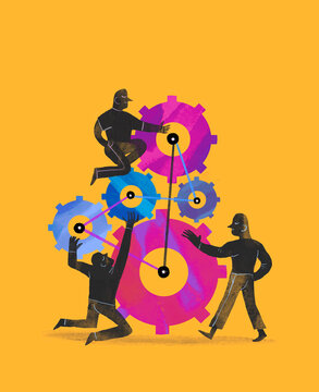Illustration of workers collaborating to set up colorful gears on a yellow background