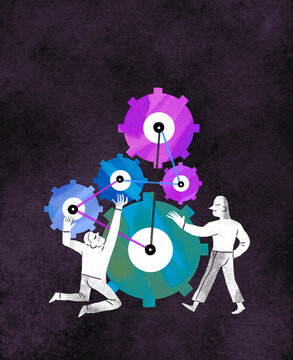 Illustration of people working together to set up gears and mechanisms
