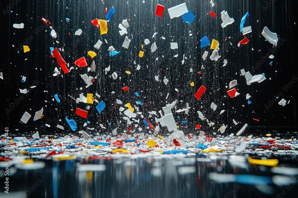 Poster abstract image of colorful confetti falling on a dark surface, creating a vibrant and dynamic scene.