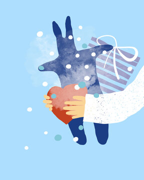 Illustration of hands holding a red heart, blue rabbit, and gift box