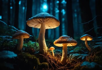 Fototapeta premium A dark forest with glowing mushrooms scattered throughout the ground and trees
