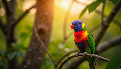 Vibrant rosella parrot perched on branch in serene forest, wild beauty