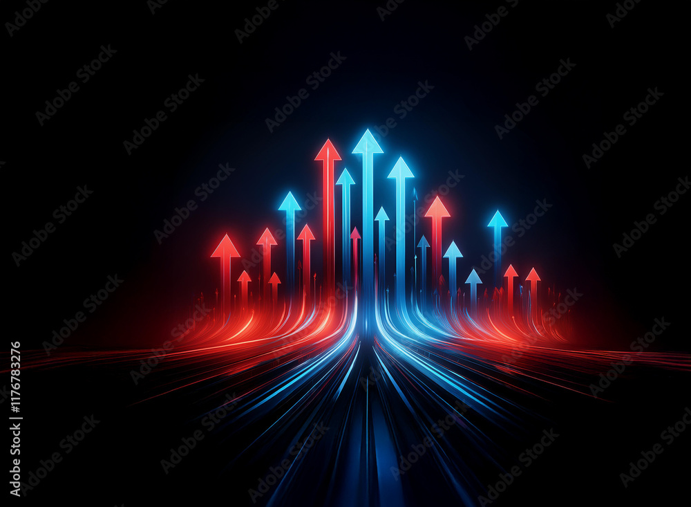 Poster glowing red and blue arrows ascend from a converging path, symbolizing growth and progress. the dark