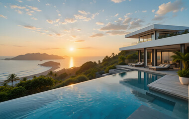 Fototapeta premium Perched on a hilltop with a wide-angle view of sparkling coastline and lush greenery, modern luxury villa with a swimming pool exudes opulence and tranquility, especially during golden hues of a sunse
