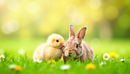 Fototapeta premium Cute fluffy chick and rabbit sitting together on fresh green grass, spring joy