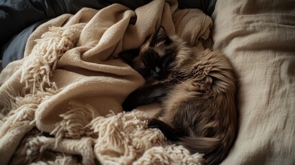 Sleeping Balinese Cat Bedroom Photograph Cozy Environment Close-up View Serenity