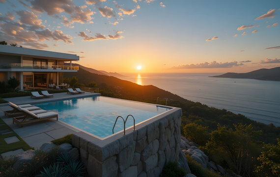 Perched on a hilltop with a wide-angle view of sparkling coastline and lush greenery, modern luxury villa with a swimming pool exudes opulence and tranquility, especially during golden hues of a sunse - Powered by Adobe