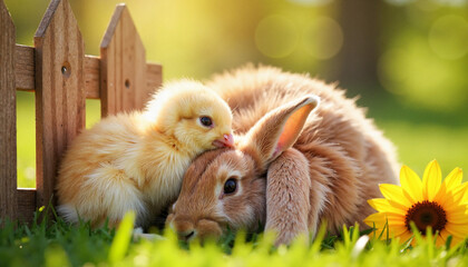Chick cuddling with rabbit under wooden fence in sunny backyard, friendship