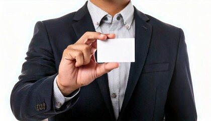Businessman handing a blank business card over white