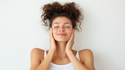 Obraz premium Young caucasian woman with curly hair relaxing against white background. March 8, International Women's Day. Mother's Day