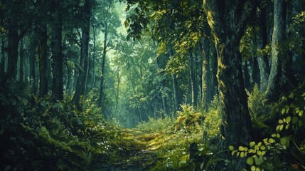 A Serene Path Through Lush Green Forest Woods