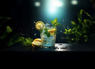 Refreshing lemon and mint cocktail in a glass filled with ice, water droplets, and a dark background.  The vibrant drink is garnished with lemon slices and fresh mint sprigs.