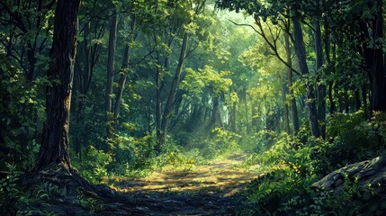 Sunlit Path Through Lush Green Forest