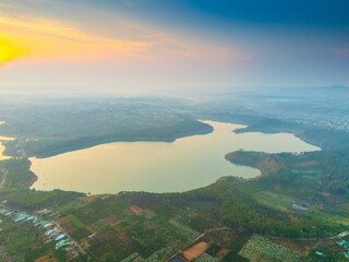 Aerial view of Bien Ho Che or Bien Ho tea fields, outside Pleiku city, Gia Lai province, Vietnam....