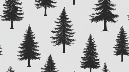Seamless pattern of black silhouette evergreen trees on light grey background.