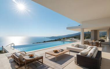 Naklejka premium Perched on a hilltop with a wide-angle view of sparkling Mediterranean sea, this luxury villa boasts a spacious interior with modern furnishings and a sun-drenched outdoor area featuring a big swimmin