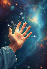 Illustrate a spiritual hand manipulating the wiring diagram of the universe channeling cosmic energy, with white tones