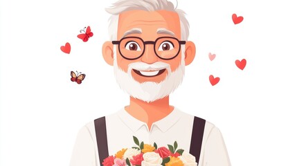 Elderly caucasian man joyfully holding colorful flowers with butterflies and hearts. The 14th of February. Happy Valentine's Day