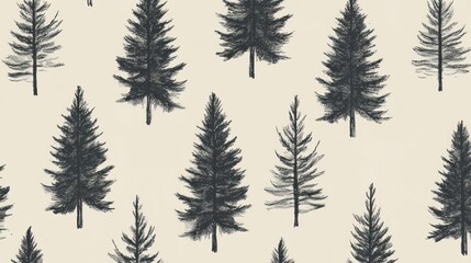 Obraz premium Seamless pattern of hand-drawn dark evergreen trees on a beige background.