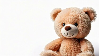 Obraz premium Cute cartoon teddy bear doll for babies and children. Fluffy soft stuffed toy. isolated on white background with copy space. Beige and brown color for a boy child