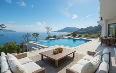 Fototapeta premium Perched on a hilltop with a wide-angle view of sparkling Mediterranean sea, this luxury villa boasts a spacious interior with modern furnishings and a sun-drenched outdoor area featuring a big swimmin